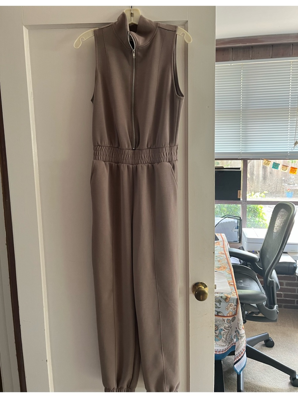 Active USA Sleeveless Taupe Jumpsuit with Zip Front M